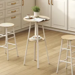 Mesa Alta Cocina Redonda con Estante de Almacenamiento Moderna para 2 Personas 55x55x95 cm Madera Natural y Blanco - Ogal.Es