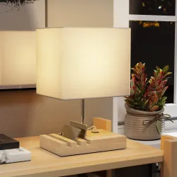 Lámpara de Mesa con Puertos USB-A/C Tres Ranuras para Teléfonos Base de Madera y Pantalla de Tela Blanco - Ogal.Es