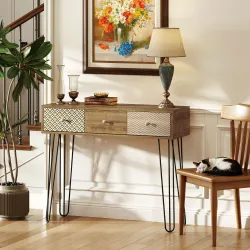 Mesa de Consola Mesa de Sofá con 3 Cajones con Patas de Acero Tipo Horquilla Estilo Bohemio Natural - Ogal.Es
