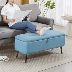 Banco de Almacenaje con Tapa Abatible y Patas de Acero para Dormitorio Salón Entrada 101x38,5x44,5 cm Azul Claro - Ogal.Es