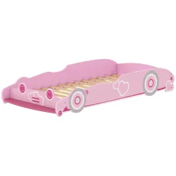 Cama Infantil 70x140 cm con Barrera Anticaídas y Somier Cabecero en Forma de Coche Rosa - Ogal.Es