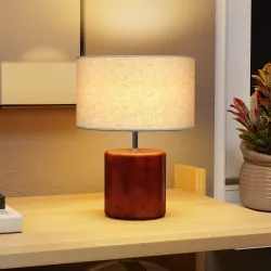 Lámpara de Mesa Rústica Lámpara de Mesita de Noche con Base de Madera Pantalla de Lino Interruptor Basculante Ma... - Ogal.Es
