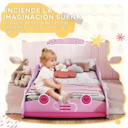 Cama Infantil 70x140 cm con Barrera Anticaídas y Somier Cabecero en Forma de Coche Rosa - Ogal.Es