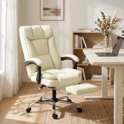 Silla de Escritorio con Reposapiés Respaldo Reclinable Acolchado Grueso Tapizada en Cuero Sintético Beige - Ogal.Es