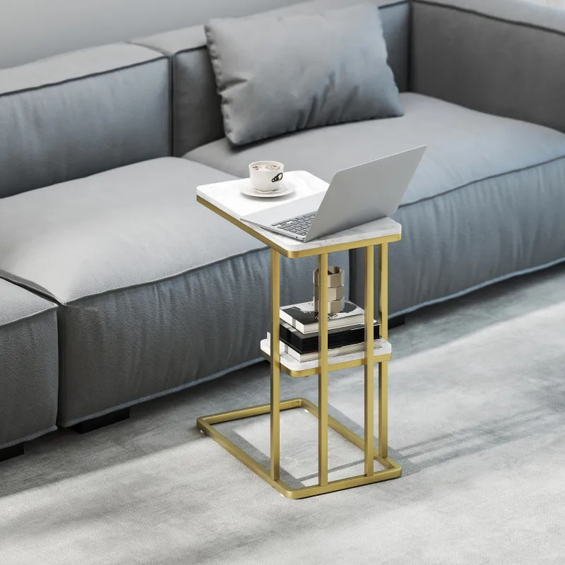 Mesa Auxiliar Estructura en C Estrecha con Estante Mesita de Noche Moderna 50x30x57,5 cm Blanco Efecto Mármol - Ogal.Es