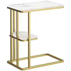 Mesa Auxiliar Estructura en C Estrecha con Estante Mesita de Noche Moderna 50x30x57,5 cm Blanco Efecto Mármol - Ogal.Es