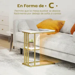 Mesa Auxiliar Estructura en C Estrecha con Estante Mesita de Noche Moderna 50x30x57,5 cm Blanco Efecto Mármol - Ogal.Es