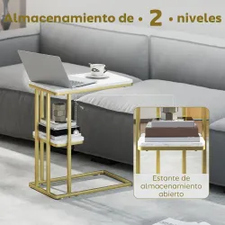 Mesa Auxiliar Estructura en C Estrecha con Estante Mesita de Noche Moderna 50x30x57,5 cm Blanco Efecto Mármol - Ogal.Es