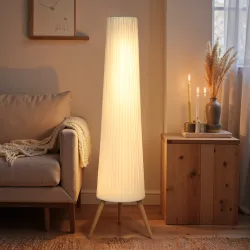 Lámpara de Pie con Trípode Brillo Ajustable 3 Niveles Interruptor de Pie Patas de Madera y Pantalla de Tela Blanco - Ogal.Es