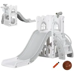 Tobogán Infantil 5 en 1 con Canasta de Baloncesto Telescopio Escalador y Cesta Inferior para Interior Blanco y Gris - Ogal.Es