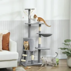 Árbol Rascador para Gatos Altura 134 cm con 6 Postes 3 Plataformas Cueva Hamaca Escalera 4 Juguetes Colgantes Gris - Ogal.Es