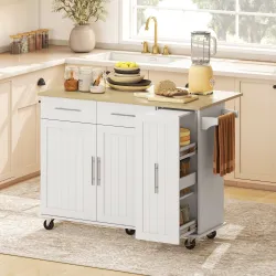 Isla de Cocina con Ruedas Encimera Plegable 2 Puertas con Cierre Suave Bandeja Extraíble 2 Cajones Blanco - Ogal.Es