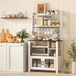 Alacena de Cocina con 6 Ganchos para Tazas 2 Puertas de Vidrio Estantes Abiertos 80x40x152 cm Blanco - Ogal.Es