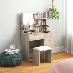 Tocador de Maquillaje con Taburete Espejo Estantes Abiertos Cajón y Estante Ajustable Anti-vuelco Natural y Beige - Ogal.Es