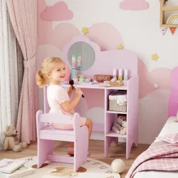 Tocador Infantil con Taburete y Espejo en Forma de Flor con Estantes Abiertos para Niños y Niñas de 3-8 Años Morado - Ogal.Es