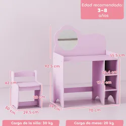 Tocador Infantil con Taburete y Espejo en Forma de Flor con Estantes Abiertos para Niños y Niñas de 3-8 Años Morado - Ogal.Es