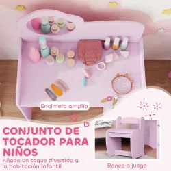 Tocador Infantil con Taburete y Espejo en Forma de Flor con Estantes Abiertos para Niños y Niñas de 3-8 Años Morado - Ogal.Es