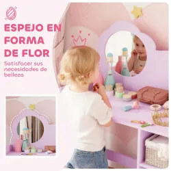Tocador Infantil con Taburete y Espejo en Forma de Flor con Estantes Abiertos para Niños y Niñas de 3-8 Años Morado - Ogal.Es