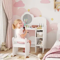 Tocador de Maquillaje Niña 2 en 1 Escritorio con Taburete Espejo Estantes Abiertos para Niños +3 Años Blanco - Ogal.Es