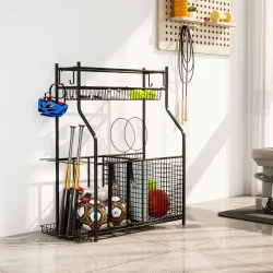 Organizador de Equipos Deportivos con Cesta Ganchos Extraibles y Bandas Elásticas para Balones de Baloncesto y F... - Ogal.Es
