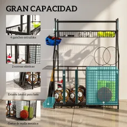 Organizador de Equipos Deportivos con Cesta Ganchos Extraibles y Bandas Elásticas para Balones de Baloncesto y F... - Ogal.Es