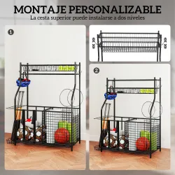 Organizador de Equipos Deportivos con Cesta Ganchos Extraibles y Bandas Elásticas para Balones de Baloncesto y F... - Ogal.Es