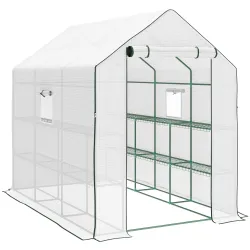 Invernadero de Exterior con 12 Estantes Puerta Enrollable Cubierta de PE y Marco de Acero 140x213x190 cm Blanco - Ogal.Es