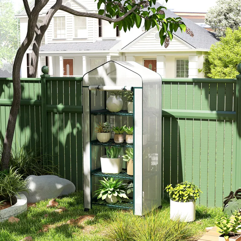 Invernadero de Exterior con 4 Estantes Ruedas Puerta Enrollable Cubierta de PE y Marco de Acero 69x50x165 cm Blanco - Ogal.Es
