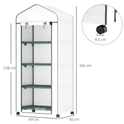 Invernadero de Exterior con 4 Estantes Ruedas Puerta Enrollable Cubierta de PE y Marco de Acero 69x50x165 cm Blanco - Ogal.Es