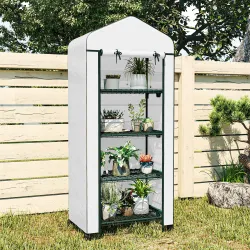 Invernadero de Exterior con 4 Estantes Ruedas Puerta Enrollable Cubierta de PE y Marco de Acero 69x50x165 cm Blanco - Ogal.Es