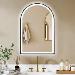 Espejo de Baño con Luz 60x90 cm Espejo de Pared Arqueado 3 Colores de Luz Brillo Regulable Función Antivaho Negro - Ogal.Es