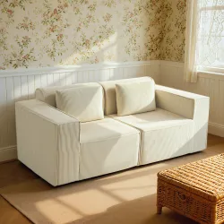 Sofá de 3 Plazas Tapizado en Pana Acolchado Grueso Asiento Extra Profundo Reposabrazos Anchos Montaje Rápido Beige - Ogal.Es