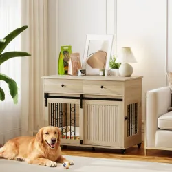 Jaula para Perros Medianos y Grandes Mesa Auxiliar Moderna con 2 Cajones 2 Puertas y Cierre 100x56x81 cm Roble - Ogal.Es
