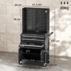 Carro de Herramientas con 3 Cajones Tabla de Pegboard Cerradura por Llave Estante Ajustable 2 Ruedas con Freno N... - Ogal.Es