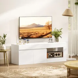Mueble de TV Moderno para Salón con 2 Puertas Estante Abierto para Televisión 60 Pulgadas 140x40x48 cm Blanco - Ogal.Es