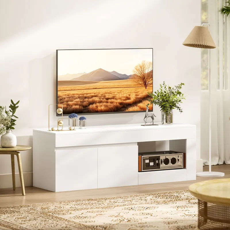 Mueble de TV Moderno para Salón con 2 Puertas Estante Abierto para Televisión 60 Pulgadas 140x40x48 cm Blanco - Ogal.Es