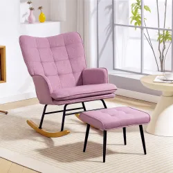 Silla Mecedora con Reposapiés con Cojín Acolchado Reposabrazos Respaldo Alto Patas de Madera Carga 130 kg Rosa - Ogal.Es