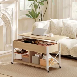 Mesa de Centro Elevable con Ruedas Mesa de Salón con Compartimento Oculto Estantes Abiertos Madera Natural y Blanco - Ogal.Es