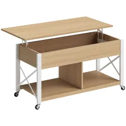 Mesa de Centro Elevable con Ruedas Mesa de Salón con Compartimento Oculto Estantes Abiertos Madera Natural y Blanco - Ogal.Es