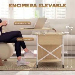 Mesa de Centro Elevable con Ruedas Mesa de Salón con Compartimento Oculto Estantes Abiertos Madera Natural y Blanco - Ogal.Es