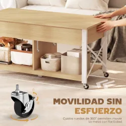 Mesa de Centro Elevable con Ruedas Mesa de Salón con Compartimento Oculto Estantes Abiertos Madera Natural y Blanco - Ogal.Es