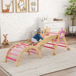 8 en 1 Triángulo de Escalada de Madera Estructura de Escalada Montessori Tema de Corona con Arco y Rampa Rosa - Ogal.Es