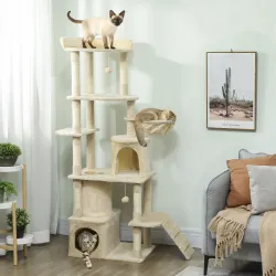 Árbol Rascador para Gatos Grande Altura 170 cm con 7 Postes 1 Túnel 3 Plataformas 2 Cuevas 1 Hamaca Beige - Ogal.Es