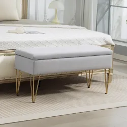 Banco Pie de Cama Tapizado en Lino Sintético con Patas de Acero y Asiento Acolchado Gris Claro - Ogal.Es