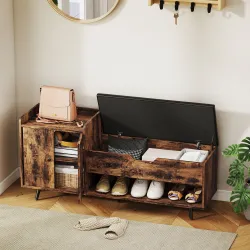 Banco Zapatero Industrial con Asiento Acolchado Compartimento Oculto Estantes Puertas 127x35x59 cm Marrón Rústico - Ogal.Es