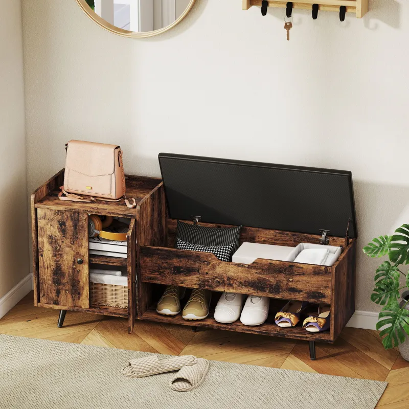 Banco Zapatero Industrial con Asiento Acolchado Compartimento Oculto Estantes Puertas 127x35x59 cm Marrón Rústico - Ogal.Es