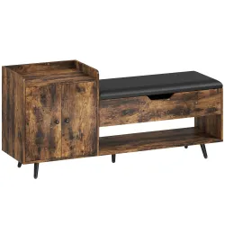Banco Zapatero Industrial con Asiento Acolchado Compartimento Oculto Estantes Puertas 127x35x59 cm Marrón Rústico - Ogal.Es