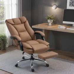 Silla de Escritorio con Reposapiés Respaldo Reclinable Acolchado Grueso Tapizada en Cuero Sintético Marrón - Ogal.Es