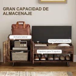 Banco Zapatero Industrial con Asiento Acolchado Compartimento Oculto Estantes Puertas 127x35x59 cm Marrón Rústico - Ogal.Es