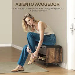 Banco Zapatero Industrial con Asiento Acolchado Compartimento Oculto Estantes Puertas 127x35x59 cm Marrón Rústico - Ogal.Es